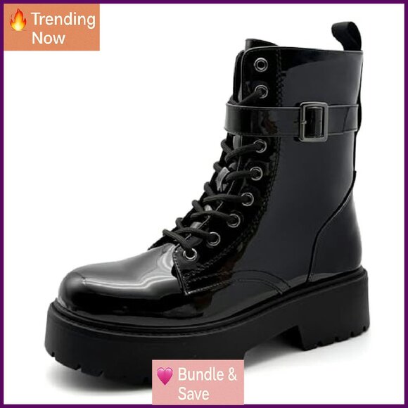 Chunky Heel Patent Leather Combat Boots, Side Zipper & Lace-Up Ankle Booties - Picture 2 of 8